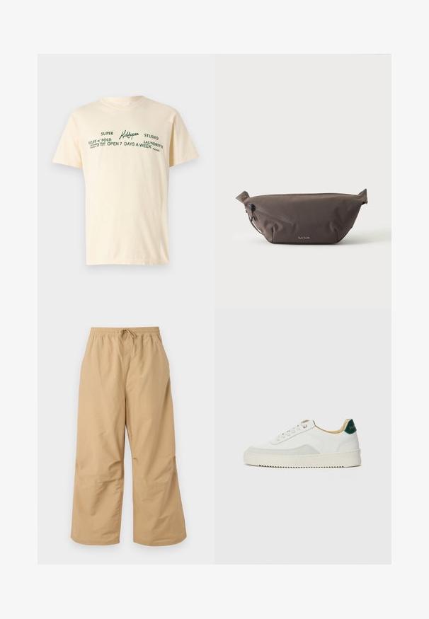 T-shirt en coton couleur crème à manches courtes avec un texte vert indiquant "KidSuper", "Super Fluff n' Fold" et des détails de lavage.; Pantalons larges beiges en tissu léger, avec une taille élastique dotée d'un cordon de serrage et des accents cousus près de l'ourlet.; Baskets blanches avec des accents en daim, bout arrondi, lacets plats et semelle en caoutchouc crème. Présente une marque verte sur le talon.; Sac banane en tissu marron foncé avec poche zippée en diagonale et petit logo blanc sur le devant, sur un fond clair uni.