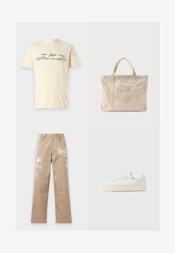 Cream-colored cotton t-shirt with short sleeves featuring green text that reads "KidSuper," "Super Fluff n' Fold," and laundry details.; Beige cotton pants with a straight leg design, featuring white floral embroidery on the front and standard pockets.; White sneaker with a textured suede and leather upper. Features a rounded toe, lace-up closure, and contrasting beige rubber sole.; Beige canvas tote bag with double handles and an embossed wolf head design on the front pocket.