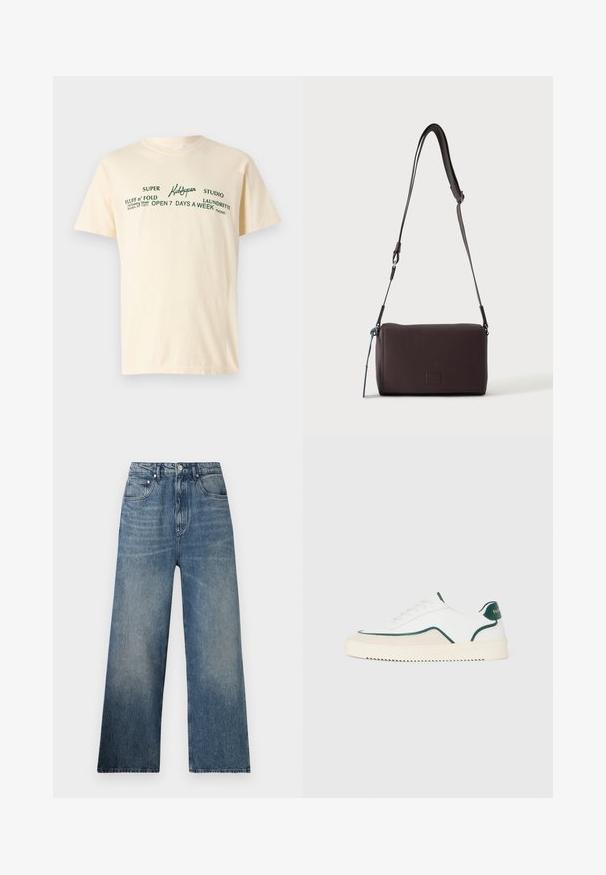 Cremfarbene Baumwoll-T-Shirt mit kurzen Ärmeln, das grünen Text zeigt mit der Aufschrift "KidSuper", "Super Fluff n' Fold" und Waschdetails.; Blaue Denim-Hosen mit weitem Bein und hohem Bund, mit subtilen Verfärbungen, fünf Taschen und einem Metallknopfverschluss vorne.; Weiße Low-Top-Sneaker mit grünen Akzenten, beigen Wildlederdetails und einer cremefarbenen Sohle mit gerilltem Boden.; Dunkelbraune, strukturierte Leder-Crossbody-Tasche mit verstellbarem Riemen und kleinem dekorativen blauen Akzent an der Seite.