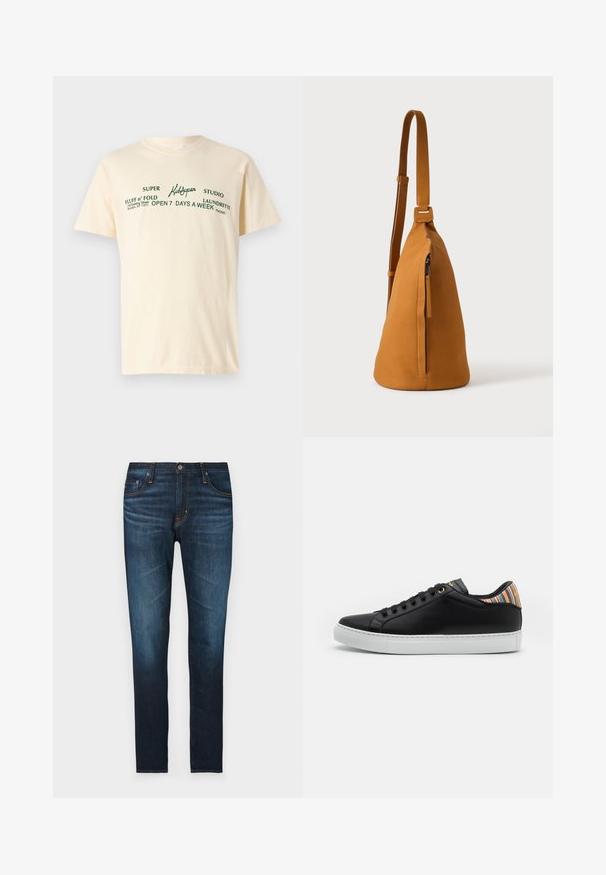 Cremefarvet bomulds t-shirt med korte ærmer og grøn tekst, der står "KidSuper," "Super Fluff n' Fold," samt vaskeanvisninger.; Mørkeblå denim jeans med lige pasform, der har fem lommer, orange syninger og en glat overflade.; Sorte lædersneakers med en hvid gummisål, der har en stribet multicolor accent på hælen og sort snøre foran med gyldne øjer.; Tan læder crossbodytaske med justerbar rem og lodret lynlåslomme, vist fra siden mod en ensfarvet lys baggrund.