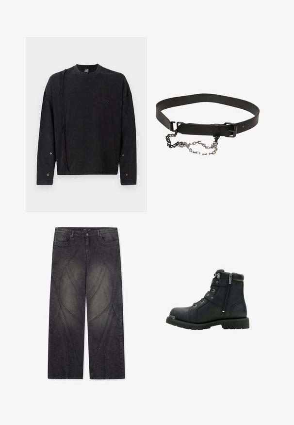 Zwarte sweatshirt met lange mouwen en ronde hals, voorzien van een subtiele logo aan de voorkant en drukknoopdetails op de mouwen, gemaakt van zachte stof.; FAVELA FLARED - Wijde jeans - black; Zwarte lederen enkellaars met een ronde neus, metalen oogjes, zijrits en rubberen zool. Heeft decoratieve riemen en een versterkte neus.; Zwarte leren riem met een glanzende metalen gesp en een bevestigd zilveren kettingdetail, met een gladde textuur en verstelbare maatgaten.