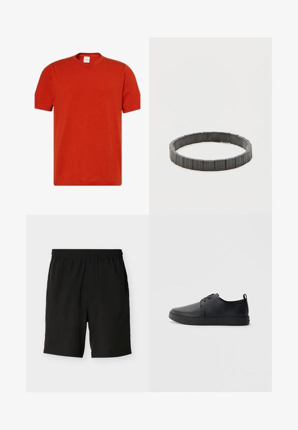 Rode katoenen T-shirt met korte mouwen, ronde hals, en Calvin Klein-logo in een subtiele print aan de linkerzijde. Soepele textuur, casual ontwerp.; Zwarte elastische taillebroekjes met zijzakken, rechte snit en lengte tot halverwege de dij, afgebeeld op een effen lichte achtergrond.; Zwarte leren sneaker met een gladde afwerking, ronde neus, tonale stiknaden, vetersluiting aan de voorkant en een vlakke rubberen zool. Lussje aan de hak.; Zwarte elastische armband gemaakt van segmentachtige rechthoekige kralen. De kralen hebben een gladde textuur en een gepolijste afwerking, wat zorgt voor een uniforme uitstraling.