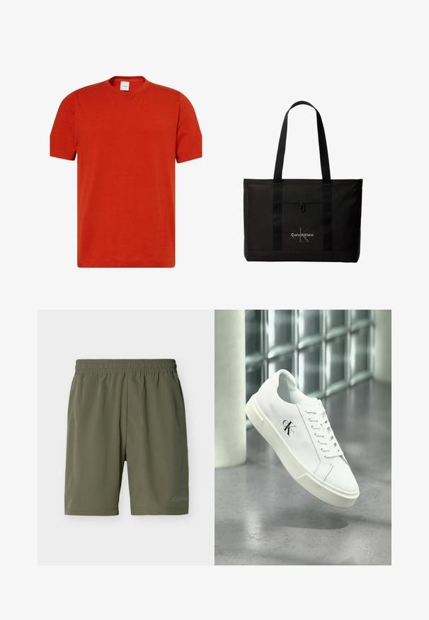 Rode katoenen T-shirt met korte mouwen, ronde hals, en Calvin Klein-logo in een subtiele print aan de linkerzijde. Soepele textuur, casual ontwerp.; Olijfgroene herenshorts met elastische tailleband en een discreet Calvin Klein-logo op het onderbeen links, effen ontwerp.; Witte Calvin Klein sneaker met veters, zwevend getoond boven een gepolijste betonnen vloer en een achtergrond van glasblokken.; Zwarte Calvin Klein totebag met twee lange handvatten en een voorvak, met het logo van het merk in wit en grijs.
