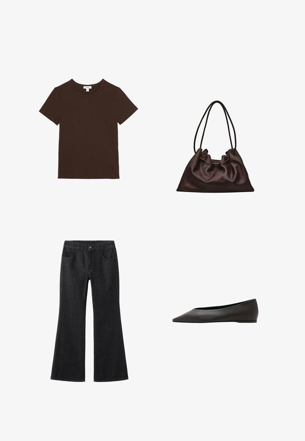 Schlichtes dunkelbraunes T-Shirt mit kurzen Ärmeln und Rundhalsausschnitt, flach ausgelegt, mit einem kleinen weißen Markenschild im Halsausschnitt.; Schwarze, weit geschnittene Jeans aus Denim mit hohem Bund, Fünf-Taschen-Design, Kontrastnähten und klassischem Knopfverschluss.; Schwarzer, spitz zulaufender Flachschuh mit niedrigem Absatz und glattem Lederobermaterial, seitlich auf weißem Hintergrund abgebildet.; Weiche dunkelbraune Lederhandtasche mit schlaffer Form und zwei dünnen Schulterriemen vor weißem Hintergrund.