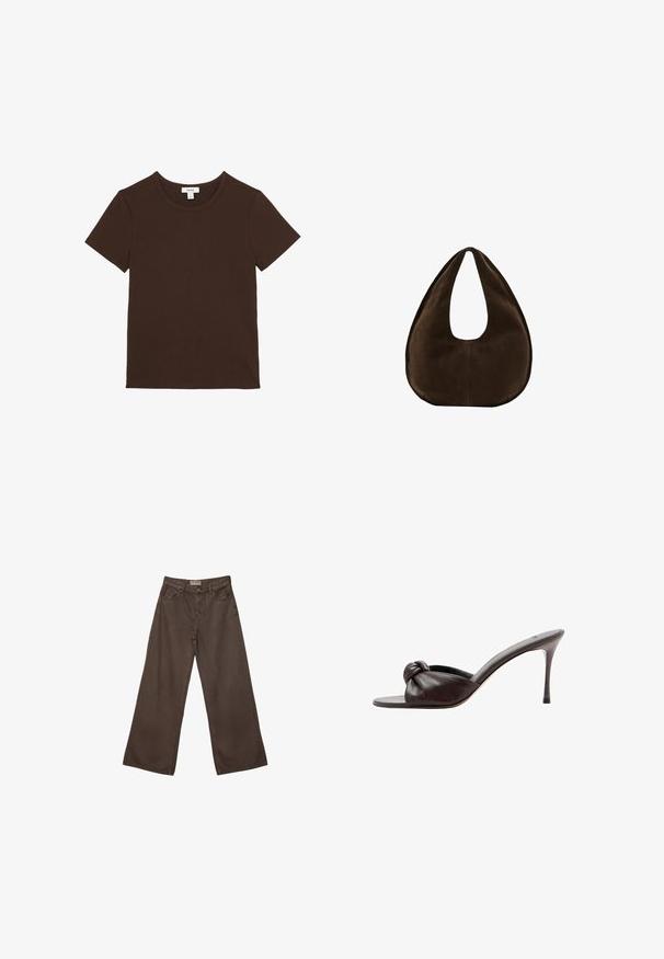 Schlichtes dunkelbraunes T-Shirt mit kurzen Ärmeln und Rundhalsausschnitt, flach ausgelegt, mit einem kleinen weißen Markenschild im Halsausschnitt.; Weite braune Jeanshose mit klassischem Fünf-Taschen-Design, Knopfverschluss und glatter Textur.; Dunkelbrauner Leder-Mule mit hohem Absatz, offenem Zehenbereich und Knoten-Detail am Vorderriemen.; Dunkelbraune Wildleder-Handtasche in Halbmondform mit einem breiten Riemen und glatter Textur vor weißem Hintergrund.