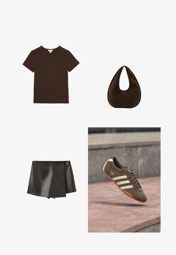 Ensfarvet mørkebrun T-shirt med korte ærmer og rund hals, lagt fladt, med et lille hvidt mærke inde i halsudskæringen.; Sort faux læder omslagsnederdel med sidespænde og let overlap foran, vist på hvid baggrund.; Brun ruskindssneaker med hvide striber og branding, med rund tå og ydersål af gummibelagt gummi, hængende over en struktureret overflade.; Mørkebrun ruskind skuldertaske formet som en halvmåne med en bred rem og glat tekstur på en hvid baggrund.