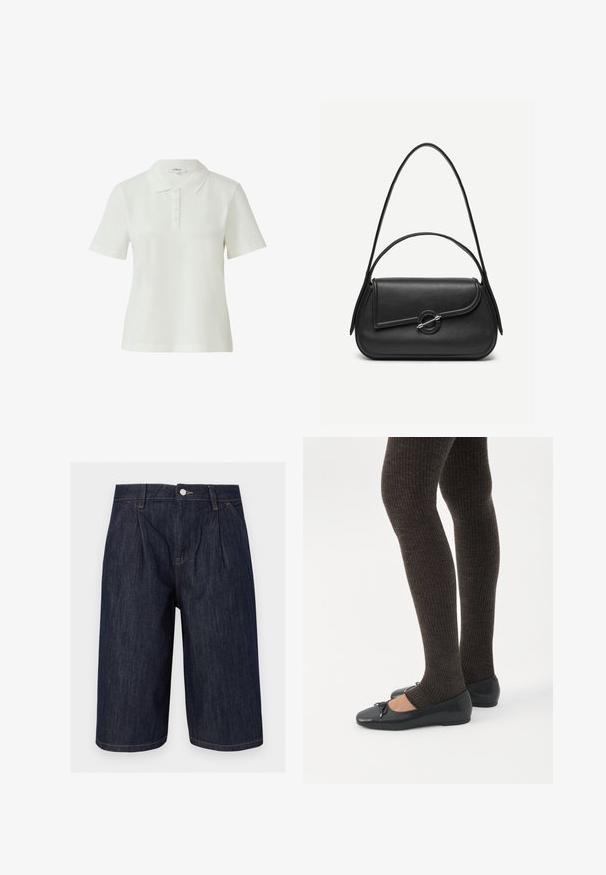 Polo blanc à manches courtes avec col et patte à cinq boutons, design uni, marque s.Oliver.; Bermuda long en jean bleu foncé avec plis sur le devant, poches latérales, passants pour ceinture et une fermeture par bouton métallique à la taille.; Jambes portant des leggings côtelés foncés associés à des ballerines noires avec de petits détails en nœud sur fond blanc.; Sac à main en cuir noir avec bords arrondis, rabat asymétrique, fermoir circulaire en métal, et des bandoulières courtes et longues.