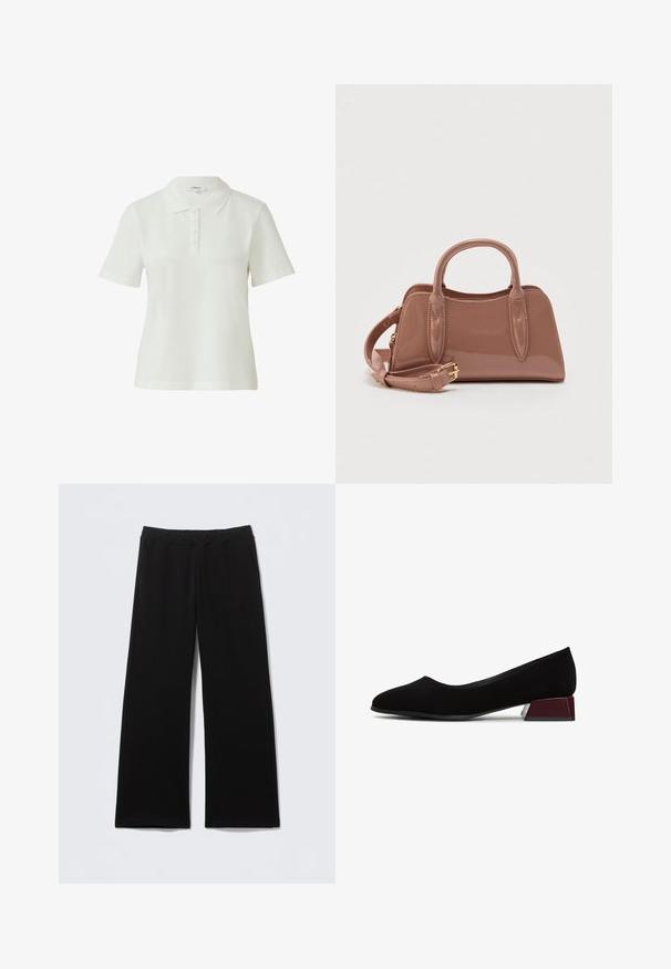 Polo blanc à manches courtes avec col et patte à cinq boutons, design uni, marque s.Oliver.; Pantalon noir en tissu doux, avec une coupe à jambes larges, une taille élastique et des poches latérales. Aucun motif ou accent visible.; Escarpins bas en daim noir avec un bout arrondi et un talon bloc distinctif bordeaux et blanc. Texture lisse et design simple.; Sac à main brillant couleur rose avec deux poignées supérieures, une bandoulière détachable et des détails de couture décorative. Forme compacte et structurée.
