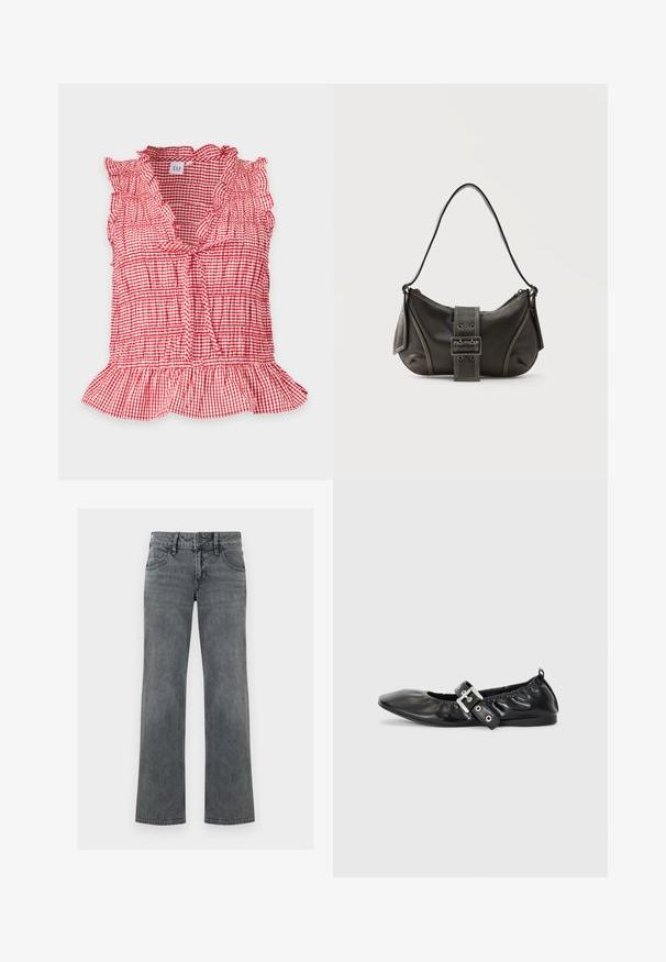 Blouse sans manches à carreaux rouges et blancs avec col à volants, lien à l’encolure, détails froncés et ourlet évasé, présentée à plat.; Jeans en denim gris à jambe droite avec bouton frontal, fermeture éclair et cinq poches, présentés sur un fond blanc.; Chaussure plate en cuir noir avec un nez pointu, des détails froncés autour de l'ouverture et un accent en boucle argentée sur la bride ajustable.; Sac à épaule en cuir noir avec une sangle à boucle, des bords arrondis et des coutures blanches contrastées sur un fond uni.