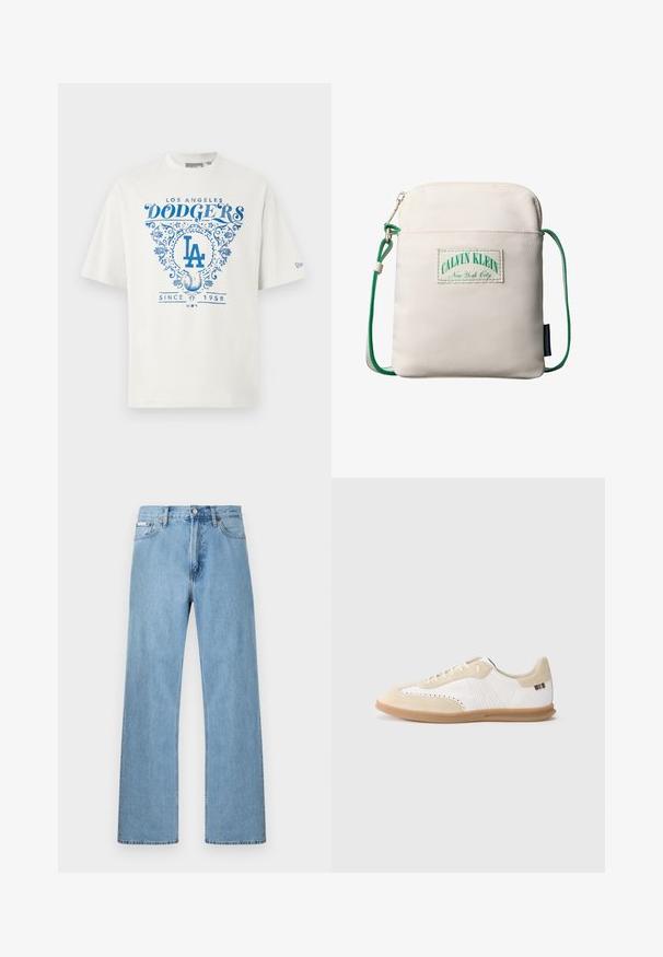 Weißes Baumwoll-T-Shirt mit blauem Grafiktext "LOS ANGELES DODGERS" und "SINCE 1958" sowie floralen Akzenten und dem "LA"-Logo in der Mitte.; Hellblaue gerade geschnittene Jeans im Five-Pocket-Design mit Knopfverschluss an der Taille, präsentiert vor einem schlichten Hintergrund.; Weißer Sneaker mit hellbeigen Wildledereinsätzen, perforierten Details, flachen Schnürsenkeln und einer Gummisohle in Karamellfarbe. Mit gestreiftem Markenlogo an der Ferse.; Kleine beige Umhängetasche mit grünem, verstellbarem Kordelriemen, einer vorderen Reißverschlusstasche und einem Calvin Klein New York City Logo-Patch.
