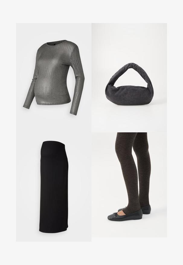Top gris de manga larga con textura acanalada, diseñado para ajustarse sobre el vientre. Fabricado con un material elástico con un leve brillo.; Falda maxi negra de canalé con una cintura alta, que presenta una silueta recta y una abertura lateral. Fabricada con un material suave y elástico.; Piernas con leggings oscuros acanalados combinados con bailarinas negras que presentan pequeños detalles de lazo sobre un fondo blanco.; Bolsa de tela gris oscuro con un asa curva, textura suave y forma redondeada. Sin hardware ni adornos visibles.