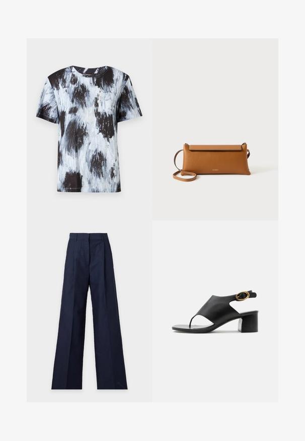Camiseta de manga corta de patrón abstracto en negro y azul claro, con cuello redondo, hecha de algodón, que presenta un corte relajado y una textura suave.; Pantalones anchos azul marino con cintura alta, pliegue delantero y trabillas para cinturón, presentados sobre un fondo claro y liso.; Sandalia de mujer con tira trasera de cuero negro, puntera abierta, hebilla ovalada dorada y tacón ancho sobre fondo blanco.; Bolso de mano de cuero marrón, forma rectangular, superficie texturizada, correa desmontable, cierre con cremallera, logo sutilmente grabado en el frente.