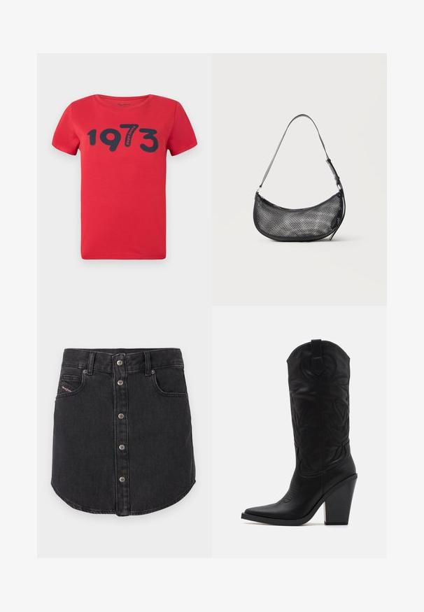 Pepe Jeans BATY - T-shirts print - royal red; Sort denim miniskørt med frontmetalknapper, to forlommer, bæltestropper og buet kant.; Simmi London DANIQUE - Højhælede støvler - black; Lille sort mesh skuldertaske i halvmåneform med justerbar tynd rem, sat mod en ensfarvet lys baggrund.