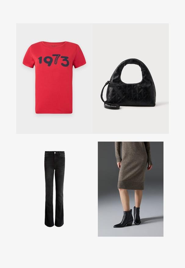 Pepe Jeans BATY - T-shirt print - royal red; Zwarte flared jeans van denim, met een hoge taille, vijf zakken en een zilveren knoopsluiting. Gladde textuur met subtiele vervaging.; Zwarte leren enkellaarsjes met een spitse neus, een stevige hak en zigzagstiksels, gecombineerd met een geribd, bruin brei-jurk.; Zwarte leren handtas met een gebogen bovenhandvat, subtiel diamantenpatroon en een afneembare schouderband. De textuur is glad met geperste details.