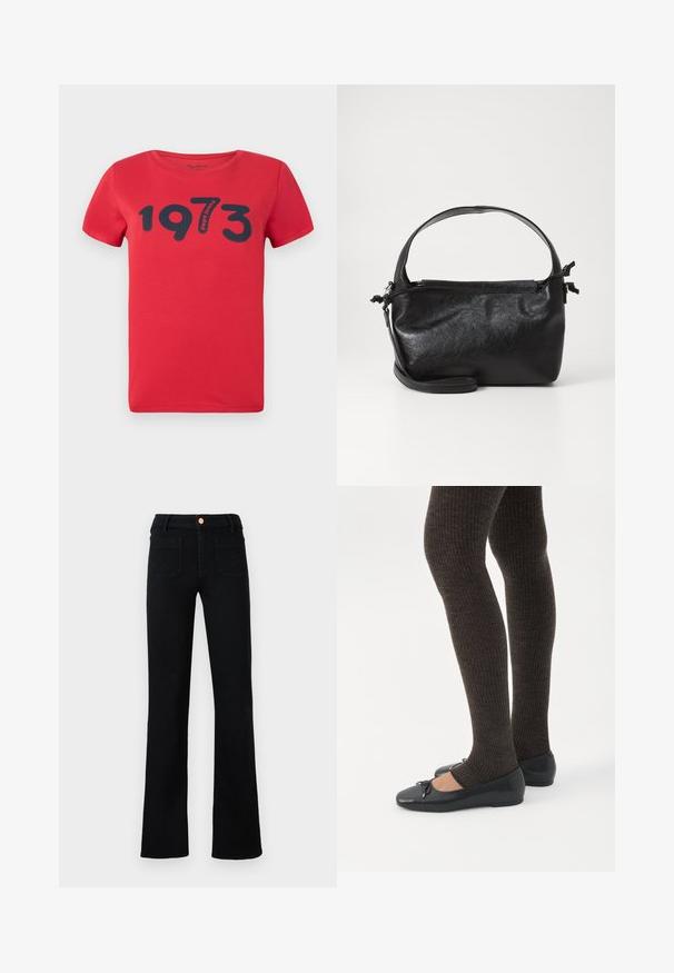 Pepe Jeans BATY - T-shirts print - royal red; Sorte højtaljede lige ben jeans med frontlomme og kobberknaplukning på en neutral baggrund.; Ben iført mørke ribbede leggings kombineret med sorte balletsko med små sløjfedetaljer på hvid baggrund.; Sort læderhåndtaske med et struktureret design, rund tophåndtag og aftagelig skulderrem. Den har en glat tekstur og en subtil glans.