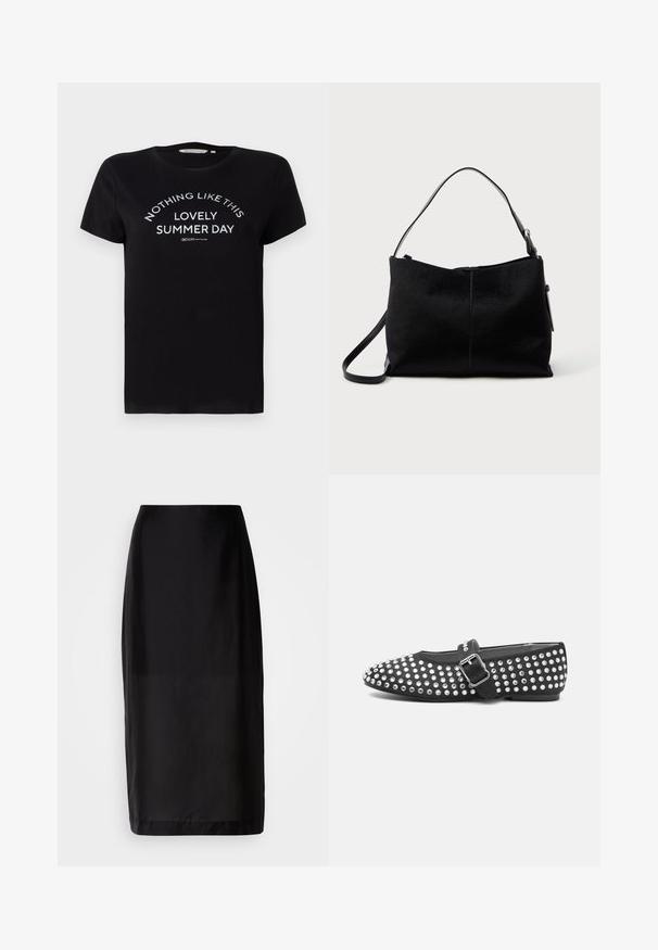 T-shirt en coton noir à manches courtes, col rond, avec un texte imprimé en blanc : « RIEN COMME CE BEAU JOUR D'ÉTÉ » disposé en arc.; Jupe midi noire au design droit, fabriquée en tissu lisse. Dotée d'une taille et d'un ourlet à la longueur des genoux.; Chaussure plate noire à bout arrondi, dotée d'un design studded avec des accents métalliques et d'une sangle à boucle sur le cou-de-pied.; Sac à bandoulière noir avec une surface lisse et texturée, doté d'une seule sangle et d'une fermeture éclair en haut. Forme rectangulaire compacte.