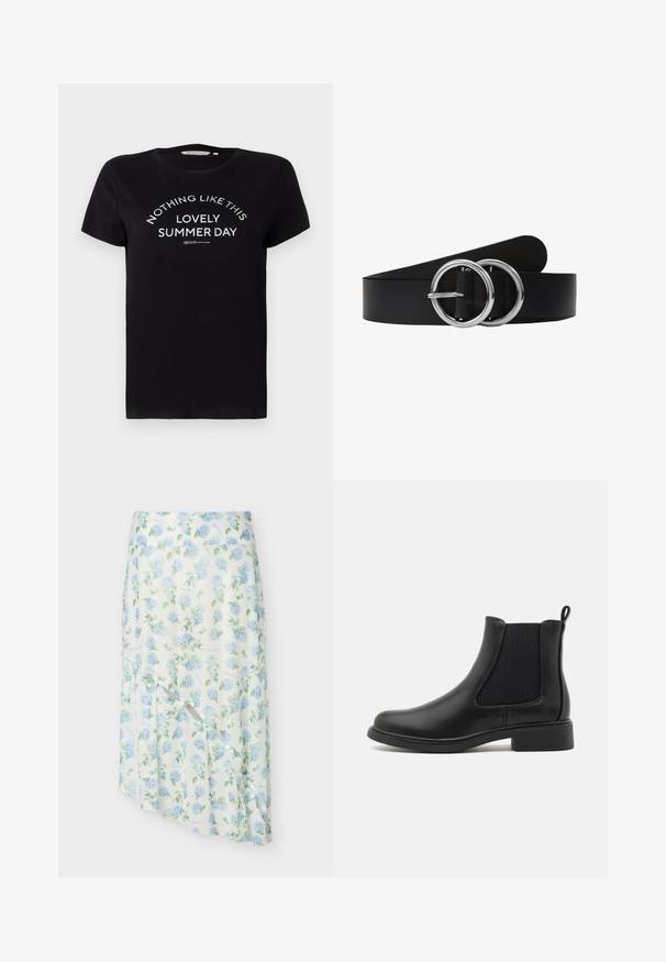 T-shirt en coton noir à manches courtes, col rond, avec un texte imprimé en blanc : « RIEN COMME CE BEAU JOUR D'ÉTÉ » disposé en arc.; Jupe midi blanche imprimé floral hortensia bleu, modèle portefeuille avec un ourlet asymétrique sur fond uni.; Bottines Chelsea en cuir noir avec des panneaux latéraux élastiques, bout arrondi et un petit talon en bloc. Texture lisse et design minimaliste.; Ceinture en cuir noir avec deux boucles circulaires en argent, texture lisse et design élégant avec une extrémité effilée.