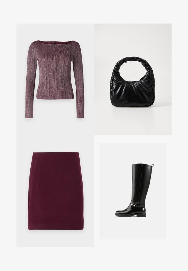 Burgundský dlhý rukáv ribbed top s širokým výstrihom, vyrobený z textúrovanej pleteniny s kovovými odleskami.; Vero Moda VMFORTUNALLISON SHORT - sukňa v tvare A - winetasting; Čierne vysoké čižmy po kolená z lesklej kože, s detailom striebornej pracke na členku a zaoblenou špičkou. Ploché podrážky.; Čierna vycpaná kabelka s okrúhlym držadlom, s hladkým, lesklým povrchom a jemnou prešitou textúrou. Žiadne viditeľné kovanie ani akcenty.