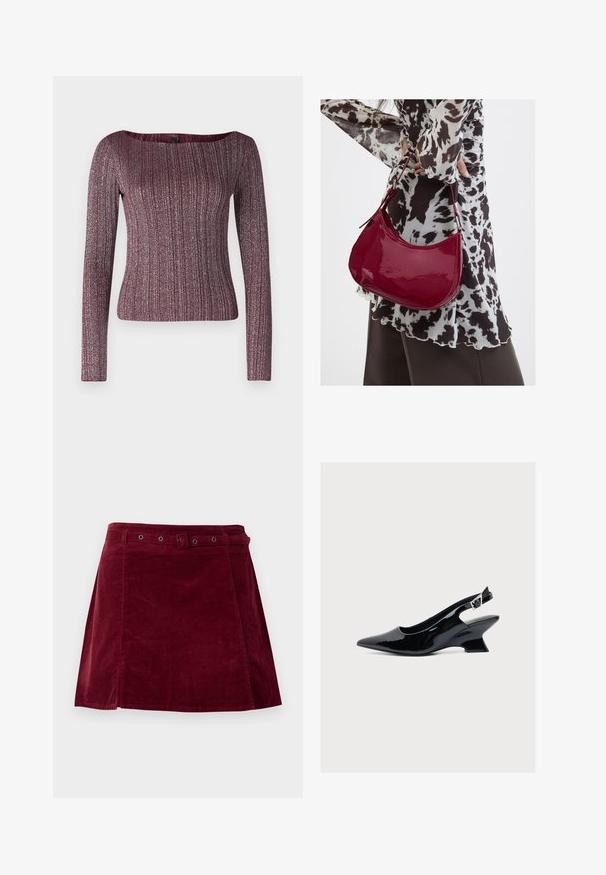 Burgundský dlhý rukáv ribbed top s širokým výstrihom, vyrobený z textúrovanej pleteniny s kovovými odleskami.; Tmavočervená manšestrová sukňa s vhodným opaskom a kovovými očkami, s mierne áčkovým strihom a detailom na prednom panely.; Čierna lakovaná kožená obuv s remienkom na päte, špicatou špičkou a nízkym šikmým blokovým podpätkom na bielom pozadí.; Žena v čierno-bielom vzorovanom blúzke drží lesklú červenú kabelku cez rameno na jednofarebnom pozadí.