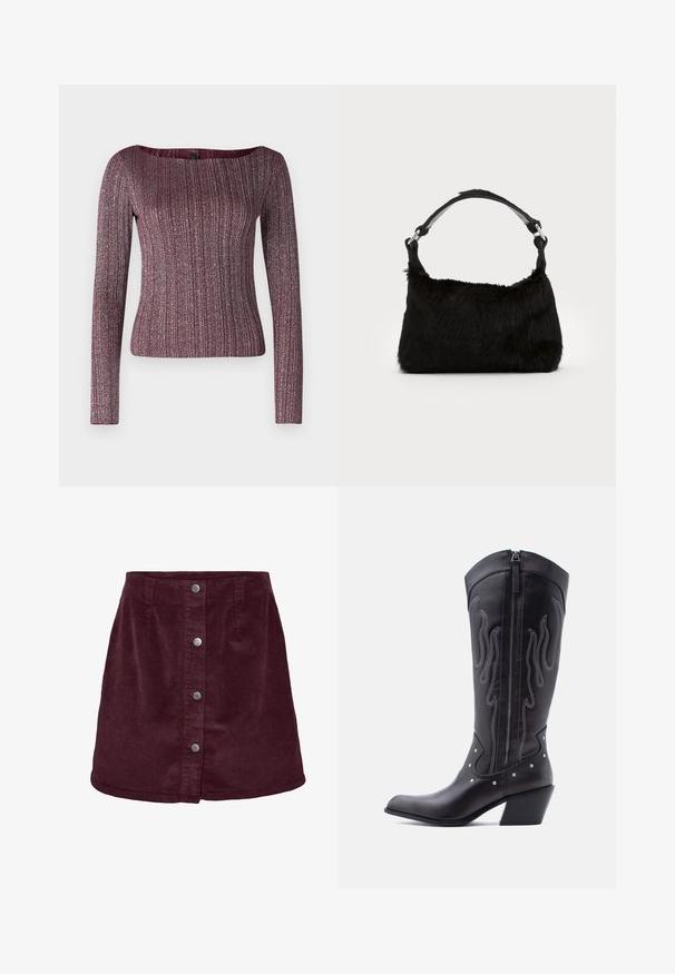 Burgundský dlhý rukáv ribbed top s širokým výstrihom, vyrobený z textúrovanej pleteniny s kovovými odleskami.; Burgundské kordové mini sukne s a-line strihom, so siedmimi striebornými gombíkmi na prednej strane a jemným ryhovaným textúrou.; Čierne kožené kovbojské čižmy so špicatou špičkou, viditeľným prešívaním, striebornými ozdobnými nitmi a zipsom na vnútornej strane.; Čierna kabelka z umelého kožušiny s jemnou textúrou, zaobleným tvarom a pevným čiernym koženým ramenným popruhom. Viditeľné akcenty zo strieborného kovu.