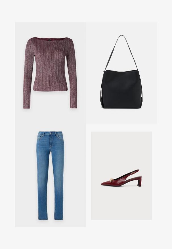 Burgundský dlhý rukáv ribbed top s širokým výstrihom, vyrobený z textúrovanej pleteniny s kovovými odleskami.; Modré denimové džínsy so striha rovného strihu, piatimi vreckami, predným zapínaním na gombík a jemným prešívaním. Čistý dizajn so stredným umývaním.; Bordová lakovaná slingback obuv s ostrou špičkou, nízkym blokovým podpätkom, zlatými cvokmi a nastaviteľným remienkom s prackou.; Pieces PCBONY - Kabelka - black