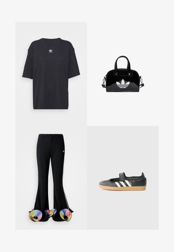 Schwarzes Baumwoll-T-Shirt mit kurzen Ärmeln, rundem Halsausschnitt, mit einem weißen Adidas-Logo auf der Brust. Einfaches Design, lockere Passform.; Schwarze Sporthosen mit weit ausgestelltem Design. Sie haben farbenfrohe, gerüschte untere Säume und weiße Seitenstreifen. Hergestellt aus dehnbarem Stoff.; Schwarze Leder- und Wildledersneaker mit einem Klettverschluss, ausgestattet mit drei weißen Streifen und einer Gummisohle, beschriftet mit "SAMBA" an der Seite.; Schwarze Handtasche aus Lackleder mit abgerundeter Form, doppelten Tragegriffen, silbernen Akzenten und einem auffälligen weißen Logo auf der Vorderseite.