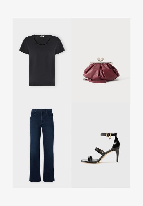 T-shirt noir uni à manches courtes avec col rond et petite étiquette de marque blanche à l'intérieur du col.; Jean droit taille haute bleu foncé avec poches avant, passants pour ceinture et fermeture à bouton sur un fond clair uni.; Sandale en cuir verni noir avec trois brides, boucle de cheville et talon aiguille de 10 cm. Présente un détail en métal doré et un charm logo.; Petite pochette en cuir bordeaux avec fermoir en métal argenté et bracelet pour poignet sur fond blanc.