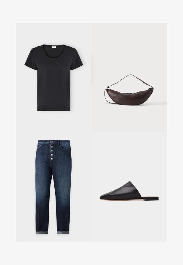 T-shirt noir uni à manches courtes avec col rond et petite étiquette de marque blanche à l'intérieur du col.; Jean en denim bleu foncé avec une braguette à cinq boutons, poches avant, passants de ceinture et revers roulés aux chevilles, présenté sur un fond uni.; Mule en cuir noir à enfiler, avec bout pointu et semelle plate beige, sur fond gris clair uni.; Sac d'épaule en cuir marron foncé en forme de croissant avec une lanière courbée et des coutures visibles sur fond uni.