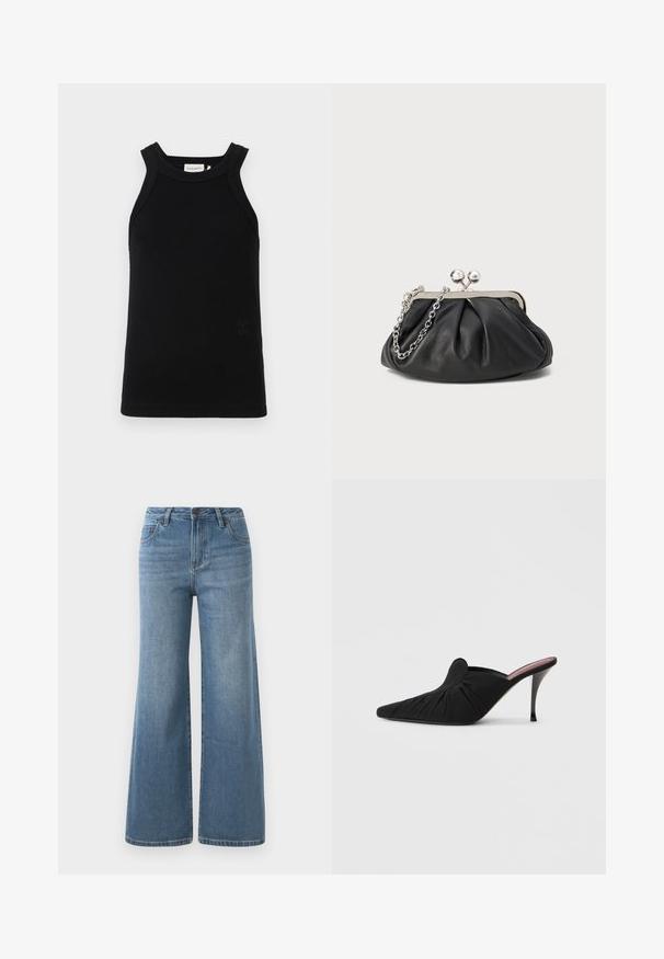 Zwarte geribbelde tanktop met brede schouderbanden, voorzien van een ronde halslijn en een klein reliëflogo detail aan de onderkant.; Lichtblauwe wijde denim jeans met hoge taille, knoop- en ritssluiting en voorzakken.; Zwarte mule met hoge hak, voorzien van een spits toelopende neus, zachte stof met geplooide textuur aan de voorkant en een slanke stilettohak.; Zwarte leren clutch met geplooide textuur, zilverkleurig metalen frame, drukknopsluiting en kettingriem. Glad, zacht oppervlak.