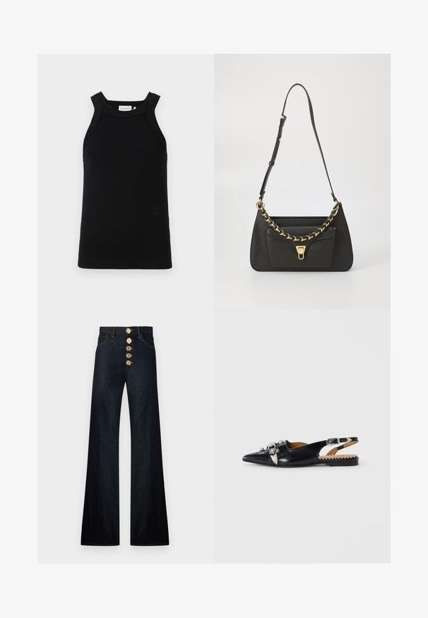 Sort ribbet tanktop med brede stropper, der har en rund udskæring og et lille præget logo-detail forneden.; Mørkeblå jeans med højtaljet viddeben, fem gyldne dekorative knapper ned langs forsiden og forlommer.; Sort lædersandal med spids tå, prydet med sølvhardware og bladdetaljer. Flad sål med stribede indvendige accenter.; Sort læderhåndtaske med en struktureret form, guldkæde som accent og en frontlomme. Har en justerbar rem til alsidig bæring.