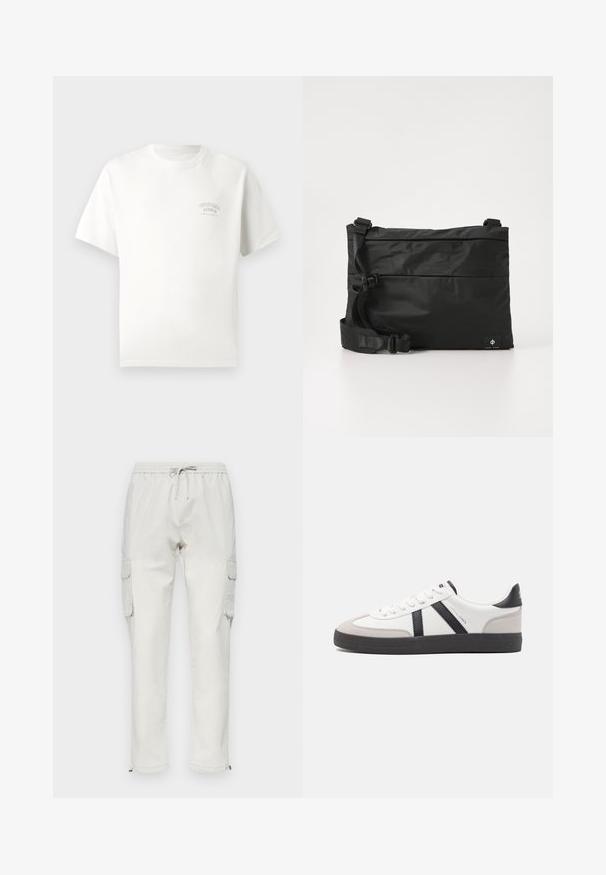 Weißes T-Shirt mit kurzen Ärmeln und kleinem Aufdruck "Originals Studio Urban Aesthetic" auf der linken Brust.; Helle beige Cargo-Hosen aus Baumwolle mit einem elastischen Bund und Kordelzug, ausgestattet mit Seitentaschen und Reißverschlüssen an den Knöcheln.; Weiße Sneaker mit schwarz- und grau-aczenten, ausgestattet mit einer strukturierten grauen Zehenkappe, schwarzer Gummi-Sohle und flachen weißen Schnürsenkeln. Sauberes Design, minimalistische Stil.; Schwarze Nylon-Umhängetasche mit verstellbarem Riemen, flachem Design und seitlichem Etikett mit Logo. Glatte Textur und minimalistischer Stil.