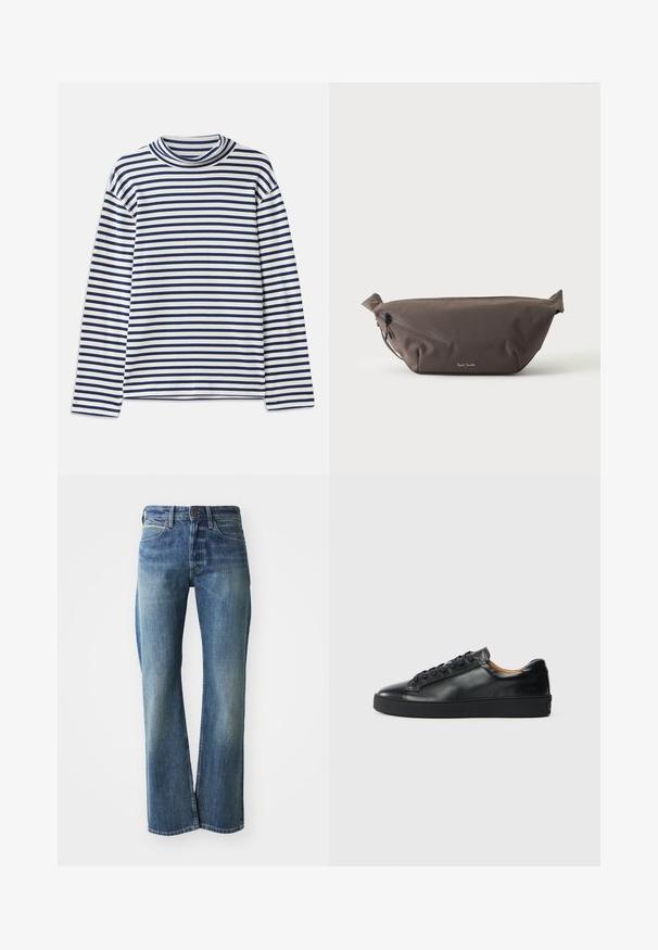 CLOSED TURTLE NECK - Longsleeve - dark night; Denim jeans in een licht tot gemiddeld blauwe kleur, met een recht gesneden pijp, klassiek vijf-pocket ontwerp en subtiele vervaging aan de voorkant.; Zwarte leren sneaker met een gladde textuur, ronde neus en vetersluiting. Heeft een dikke rubberen zool en minimale merkaanpassing.; Donkerbruine stoffen heuptas met diagonale ritssluiting en klein wit logo aan de voorkant, tegen een effen lichte achtergrond.