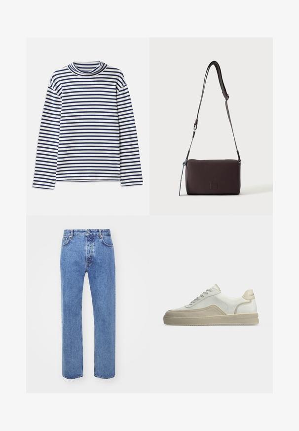CLOSED TURTLE NECK - Longsleeve - dark night; Won Hundred STEVE - Relaxed fit jeans - cut blue; Witte lage sneaker met beige suède details, veters aan de voorkant en een gebrandmerkte hielstrook op een eenvoudige lichte achtergrond.; Donkerbruine gestructureerde leren crossbodytas met verstelbare riem en klein decoratief blauw accent aan de zijkant.