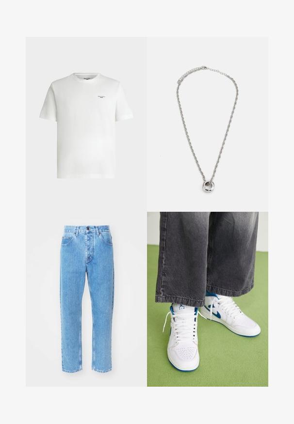 Camiseta blanca de manga corta con cuello redondo y pequeño logotipo de texto negro «Marc O'Polo DENIM» en la parte superior izquierda del pecho.; Los vaqueros de mezclilla azul claro presentan un diseño de pierna recta, cinco bolsillos y un clásico cierre de botón en la cintura.; Zapatillas altas blancas con acentos azules, caja de puntera perforada y cordones blancos. Llevadas con pantalones de mezclilla grises sueltos sobre una superficie verde.; Collar de metal en tono plateado que presenta un diseño de cadena retorcida y un colgante circular con un acabado pulido.