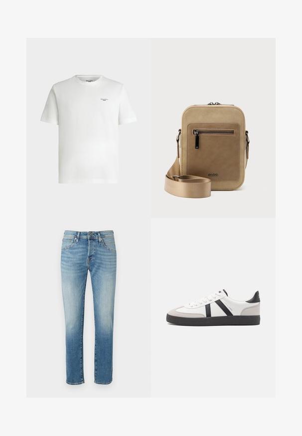 Hvid kortærmet t-shirt med rund hals og lille sort tekstlogo "Marc O'Polo DENIM" på øverste venstre bryst.; Lysblå denimjeans med udtværede sektioner, lige pasform, fem-lomme design og grundlæggende metalknaplukning i taljen.; Hvide sneakers med sorte og grå detaljer, med en tekstureret grå tåhætte, sort gummisål og flade hvide snørebånd. Rent design, minimalistisk stil.; Lille beige crossbody-taske med lynlåslomme foran, metal ALDO-logo, justerbar bred rem og rundet rektangulær form på hvid baggrund.