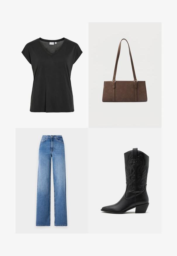 T-shirt noir avec encolure en V et manches courtes, en matériau doux, présentant une coupe décontractée et un détail minimal de couture.; Jeans en denim bleu clair à jambes larges, dotés d'une taille haute, de poches avant et d'une fermeture à bouton standard. Texture lisse.; Bottes de cowboy en cuir noir avec un bout pointu, des motifs en relief en spirale et un talon de hauteur moyenne. Équipées d'une languette pour un enfilage facile.; Sac à bandoulière rectangulaire marron avec longues sangles et détails de couture minimalistes sur un fond uni.