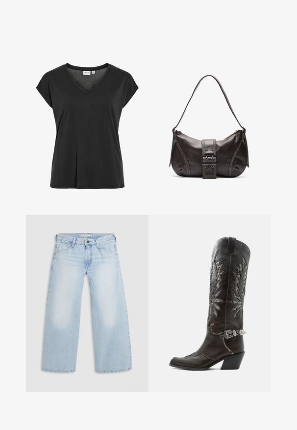 T-shirt noir avec encolure en V et manches courtes, en matériau doux, présentant une coupe décontractée et un détail minimal de couture.; Jean large bleu clair en denim. Présente une coupe droite, un design à cinq poches et une fermeture par bouton à la taille.; Botte de cowboy en cuir noir avec découpes décoratives, boucle argentée et talon incliné, présentée sur fond blanc.; Sac à épaule en cuir marron avec une forme courbée, présentant un détail de boucle proéminent, des coutures contrastantes et une seule bandoulière.