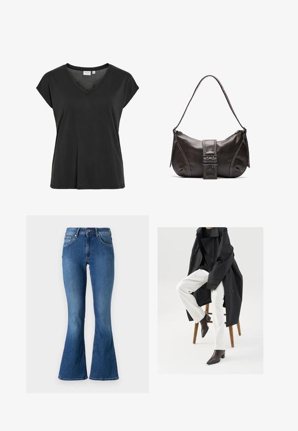 T-shirt noir avec encolure en V et manches courtes, en matériau doux, présentant une coupe décontractée et un détail minimal de couture.; Jean en denim bleu évasé avec une taille mi-haute, doté de cinq poches, d'une fermeture à bouton et d'une légère décoloration le long des jambes.; Un trench-coat noir, surdimensionné, porté sur un haut noir, associé à un pantalon blanc et des bottines à bout pointu marron, assis sur un tabouret en bois.; Sac à épaule en cuir marron avec une forme courbée, présentant un détail de boucle proéminent, des coutures contrastantes et une seule bandoulière.
