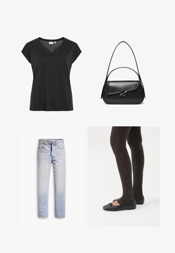 T-shirt noir avec encolure en V et manches courtes, en matériau doux, présentant une coupe décontractée et un détail minimal de couture.; Jean en denim bleu clair avec une coupe droite, dotés d'une fermeture à boutons, de cinq poches et d'un léger délavage sur les jambes.; Jambes portant des leggings côtelés foncés associés à des ballerines noires avec de petits détails en nœud sur fond blanc.; Sac à bandoulière en cuir noir avec un rabat incurvé fermé par un fermoir métallique rond et une sangle fine et ajustable.