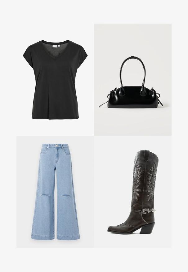 Zwart T-shirt met V-hals en kapmouwtjes, gemaakt van zacht materiaal, met een losse pasvorm en minimale stikdetail.; Lichtblauwe wijde jeans met een hoge taille, voorzien van twee voorkruiszakken en twee gescheurde knieën, gemaakt van denim.; Zwarte leren cowboylaars met decoratieve uitsnijdingen, zilveren gesp en schuine hak, weergegeven op een witte achtergrond.; Kleine zwarte glanzende handtas met twee lange hengsels en zijkant trekkoord details op een effen lichte achtergrond.