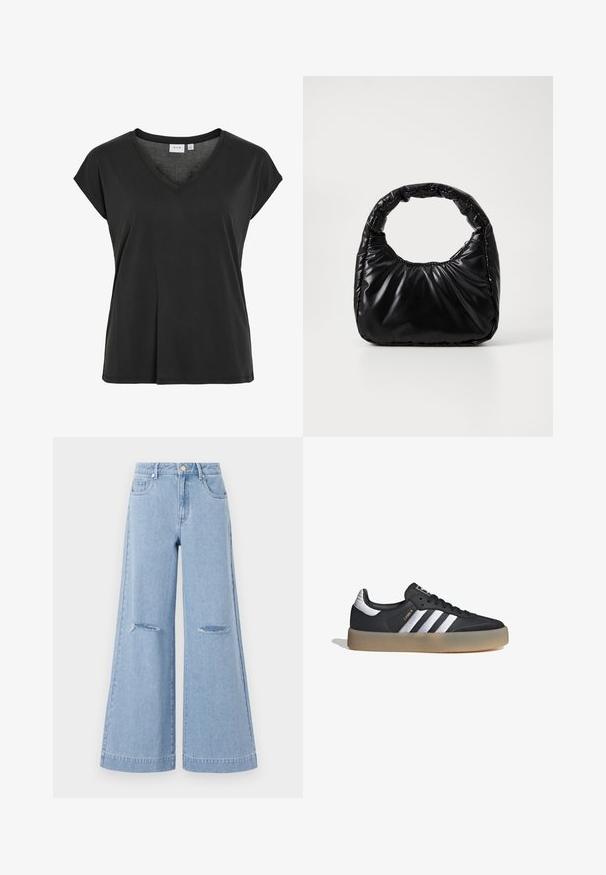 Camiseta negra con cuello en V y mangas tipo cap, fabricada con material suave, que presenta un ajuste relajado y un detalle de costura minimalista.; Jeans de pernera ancha de color azul claro con una cintura alta, que cuentan con dos bolsillos frontales y dos detalles de rodillas rasgadas, elaborados en material de denim.; Zapatilla deportiva de cuero negro con tres rayas plateadas, punta texturizada y suela de goma. Cuenta con un collar acolchado y un diseño con cordones.; Bolso negro acolchado con un asa redondeada, que presenta una superficie lisa y brillante y una textura suave y acolchada. Sin herrajes ni acentos visibles.