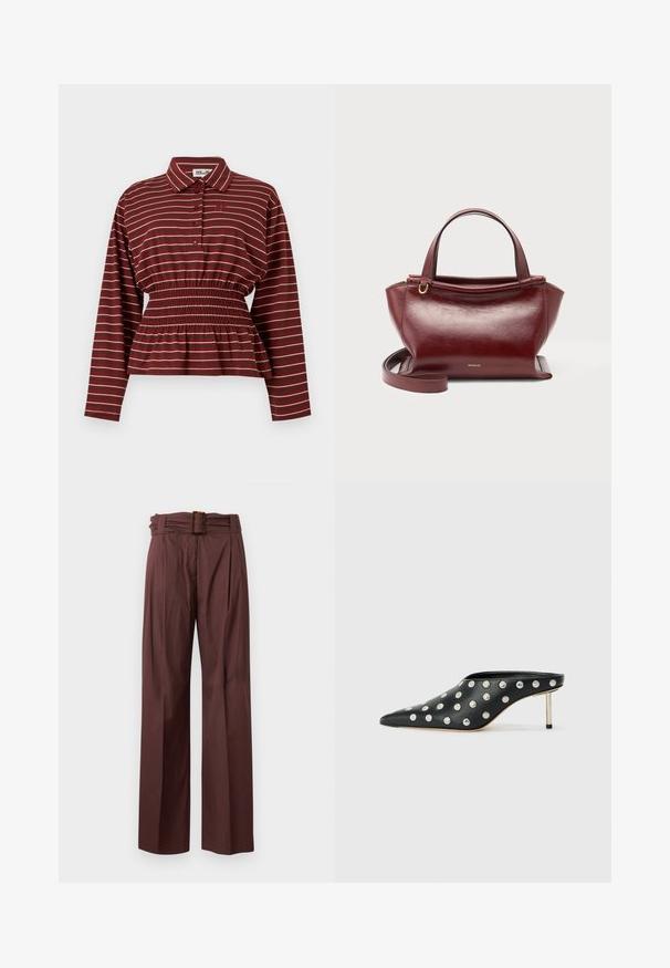 Chemise bordeaux à manches longues avec rayures blanches, patte de boutonnage à l'avant, taille élastiquée froncée et col.; Pantalon marron taille haute à jambes larges, devant plissé et ceinture assortie avec boucle rectangulaire en écaille.; STAND STUDIO KELSEY - Mules à talons - black; Sac à main en cuir rouge foncé avec doubles poignées supérieures, bandoulière amovible, ferrures dorées et nom de la marque Wandler au centre avant.