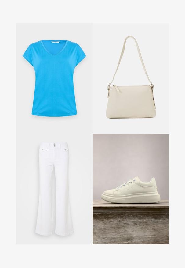 Camiseta de algodón azul con escote en V y mangas cortas, de textura suave y diseño informal. Sencilla, de un color sólido sin patrones ni adornos.; Pantalones vaqueros de campana blancos, confeccionados en denim, con una cintura alta, dos bolsillos frontales y detalles de botones plateados sobre un fondo liso.; Zapatilla deportiva de cuero blanco con puntera redonda, textura lisa y cordones en contraste. Cuenta con orificios de ventilación y una suela de goma gruesa para mayor comodidad.; Bolso de hombro beige hecho de cuero suave con cierre de cremallera. Presenta un diseño simple, correa de hombro delgada y acentos de hardware metálico.