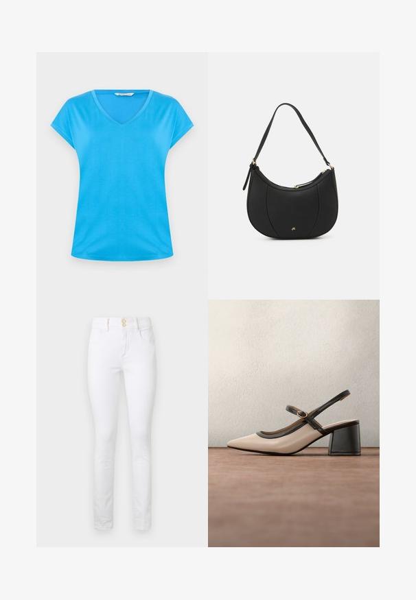 Blaues Baumwoll-V-Ausschnitt-T-Shirt mit kurzen Ärmeln, glatter Textur und lässigem Design. Einfach, einfarbig ohne Muster oder Verzierungen.; Weiße Skinny-Jeans aus Denim mit hoher Taille, zwei Vordertaschen und Akzenten aus goldfarbenen Knöpfen. Glatte Textur mit klassischem Fünf-Taschen-Design.; Beiger Slingback-Pumps mit spitz zulaufender Schuhspitze, schwarzem Besatz und Schnallendetail. Glattes Material mit matter Oberfläche, mittelhoher Blockabsatz.; Schwarze Lederhandtasche mit geschwungenem Design, strukturiertem Material, vorderen Nähten und einem Logo in Goldtönen. Verfügt über einen einzelnen verstellbaren Tragegurt.