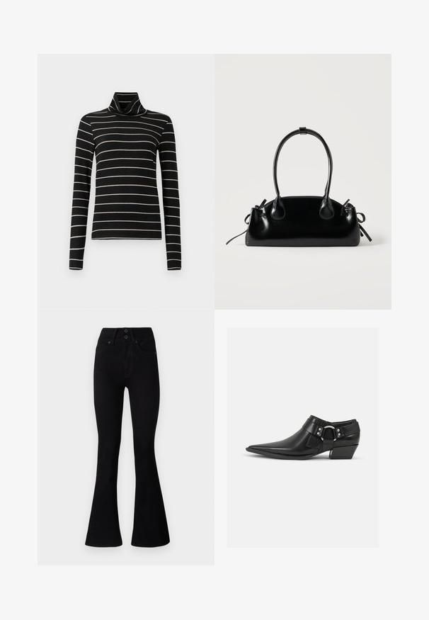 Zwart coltrui met lange mouwen, voorzien van horizontale witte strepen. Zachte stof met een gladde textuur. Casual ontwerp, veelzijdige stijl.; Pepe Jeans FLARE CONTOUR - Flared Jeans - black denim; Zwarte leren enkellaarzen met een spitse neus, voorzien van een leren band aan de voorkant en een zilveren gesp detail, en een lage, blokhak.; Kleine zwarte glanzende handtas met twee lange hengsels en zijkant trekkoord details op een effen lichte achtergrond.