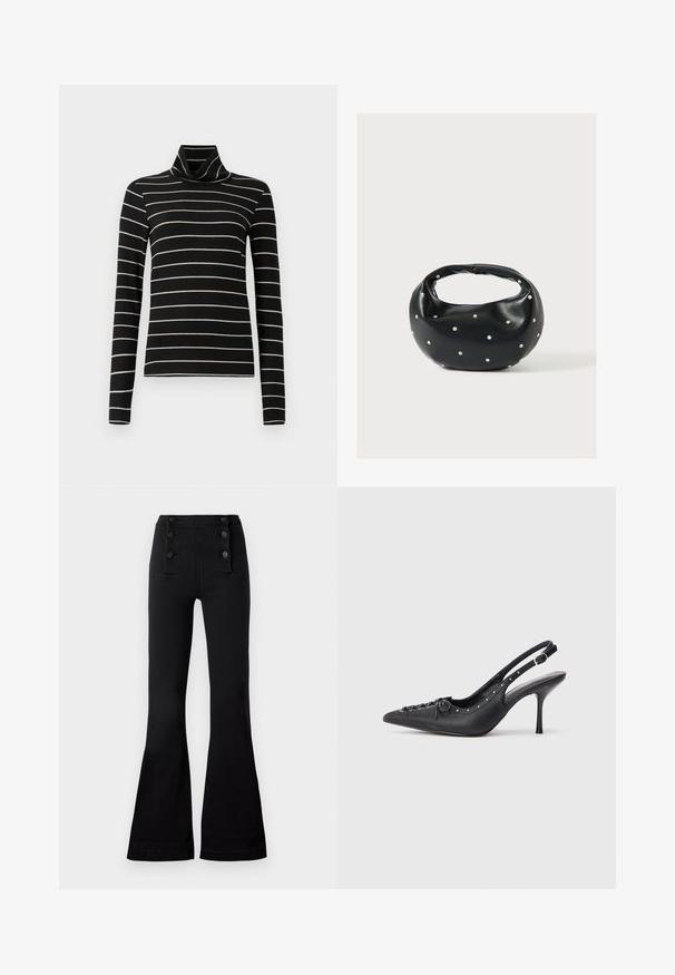 Sort turtleneck med lange ærmer, der har vandrette hvide striber. Blødt stof med en glat tekstur. Løst design, alsidig stil.; Sorte flagrende bukser lavet af denim med høj talje, der har fire dekorative knapper foran og en glat tekstur.; Sorte læder slingback stiletto med spids tå, side spændebånd, nitter langs kanten og dekorativ snøring foran.; Sort læderhåndtaske med en rundet form, dekoreret med sølvnitter, og et kort håndtag. Glat tekstur og lynlåslukning.