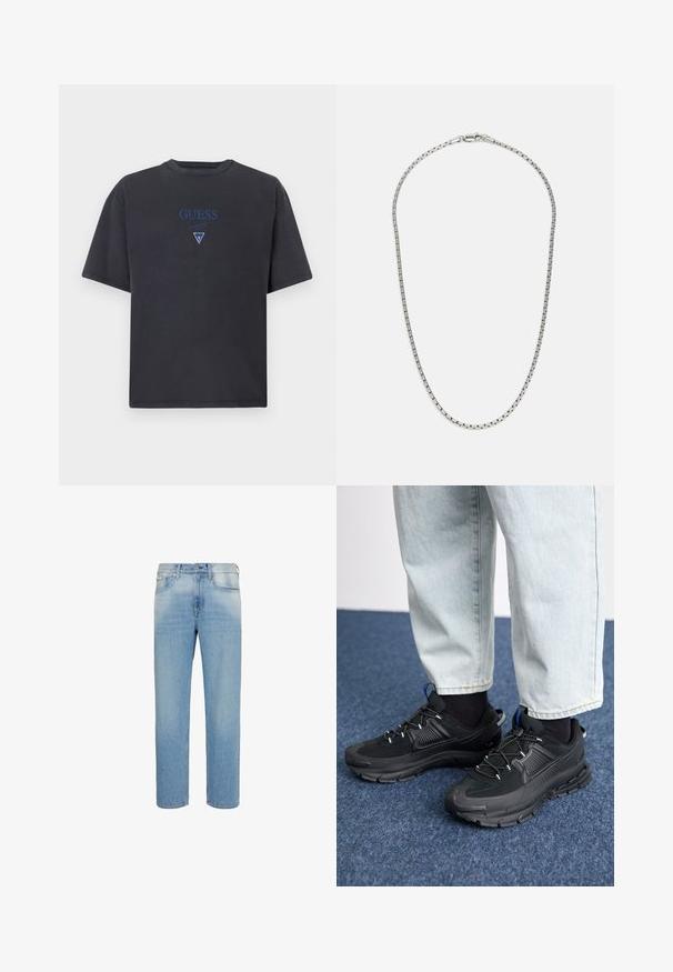 Donkergrijze t-shirt van katoen, met een ronde hals en korte mouwen. Blauwe geborduurde 'GUESS' logo en driehoekig accent in het midden.; Lichtblauwe denim jeans met rechte pijpen, voorzakken, riemlussen en knoopsluiting, afgebeeld tegen een witte achtergrond.; Zwarte sportschoenen met gestructureerde stof en rubberen zolen, met elastische veters en een blauwe accent op de hiel. Draag samen met lichte spijkerbroeken.; Zilveren ketting met een afwisselend schakeldesign. Bevat platte, rechthoekige schakels en een veilige sluiting, met een soepele textuur overal.