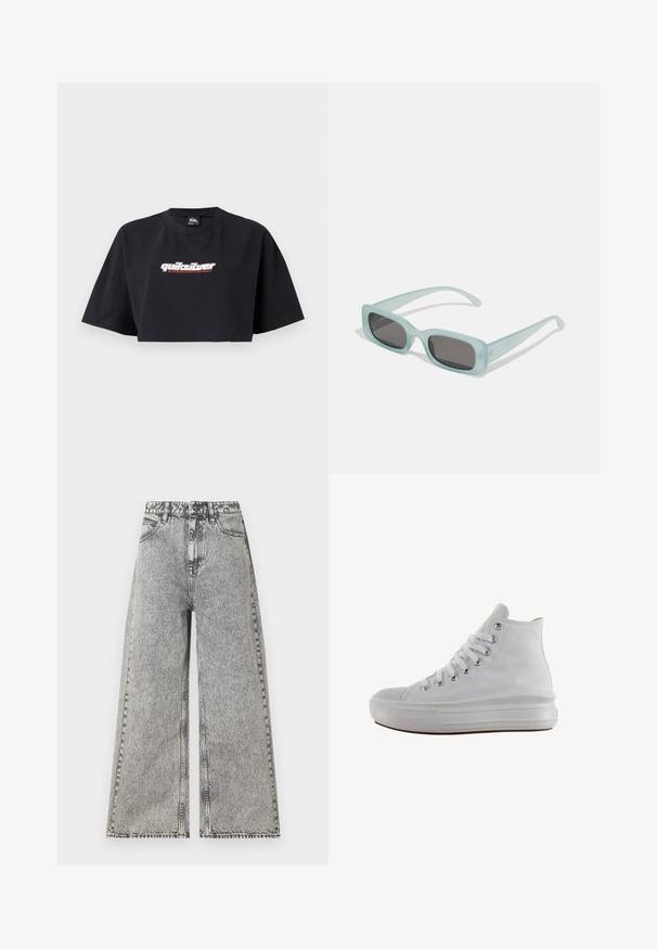 Camiseta de cropped negra, de manga corta, hecha de algodón. En el frontal se muestra el logotipo "Quiksilver Boarding Company" en blanco y rojo.; Jeans de pierna ancha en denim negro desgastado, con una cintura alta, diseño clásico de cinco bolsillos y detalles de costura visibles.; Zapatilla de lona blanca de caña alta con cordones blancos, ojales metálicos, suela gruesa de goma y puntera texturizada, mirando hacia la izquierda sobre un fondo blanco.; Un par de gafas de sol rectangulares con montura translucida azul clara y lentes gris oscuro, que cuentan con patillas rectas y detalles de hardware mínimos.