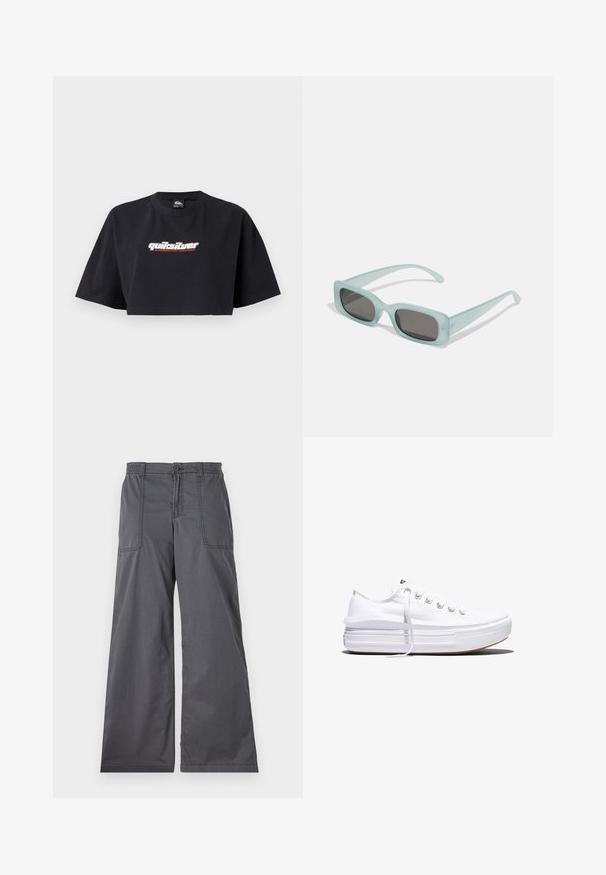 Zwarte crop top t-shirt, korte mouwen, gemaakt van katoen. Voorzijde toont het logo "Quiksilver Boarding Company" in wit en rood.; Grijze wijde broek met een gladde textuur, voorzien van voorzakken, een knoopsluiting en gestikte details langs de naden.; Witte lage canvas sneaker met dikke plateauzool, veters aan de voorkant en rubberen toeskap met structuur, zijaanzicht.; Een paar rechthoekige zonnebrillen met lichtblauwe doorzichtige monturen en donkergrijze glazen, met rechte pootjes en minimale hardwaredetails.