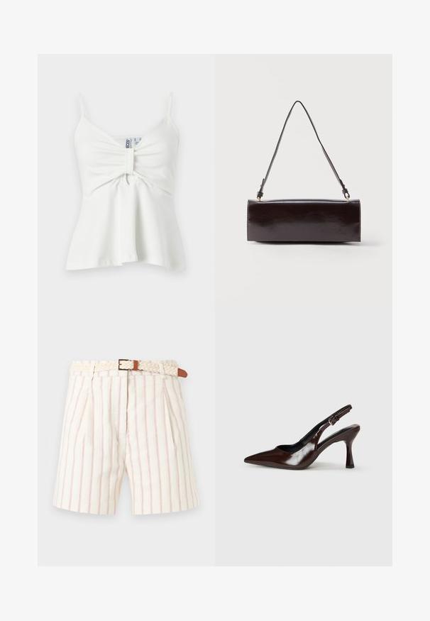Camisole blanche sans manches avec fines bretelles, devant central froncé avec détail en boucle de tissu et ourlet légèrement évasé.; Shorts blancs avec fines rayures verticales rouges et plis, dotés d'une ceinture beige tressée avec une boucle dorée et des détails en cuir marron.; Talons slingback en cuir verni brun avec un bout pointu, un talon fin, et une sangle réglable avec une petite boucle.; Sac à main rectangulaire en cuir noir avec une longue bandoulière unique et une finition brillante, présenté sur un fond blanc uni.